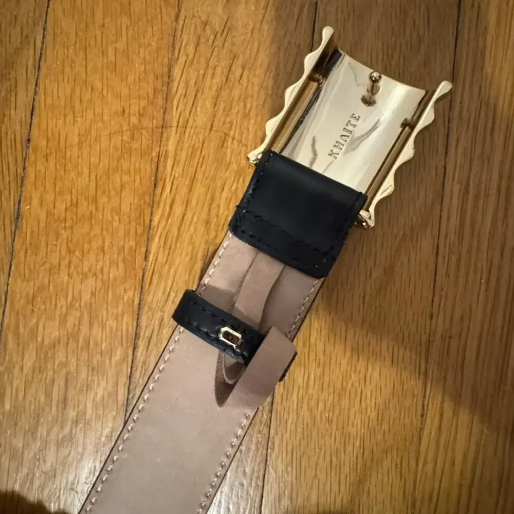 $480 Khaite Julius Medium Patent Leather Belt Black Gold Size 75